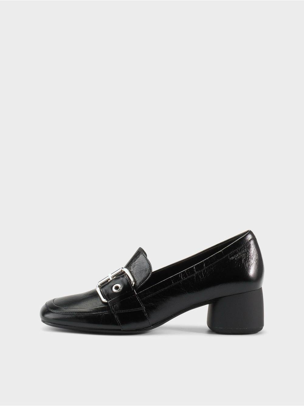 Vagabond Black Leather Block Heel Loafer with Silver Buckle Accent